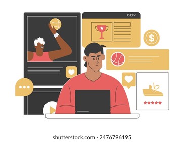 Male consumer profile with personalized data for targeted advertising. Elements include sports, shoes, and trophies, highlighting how data shapes marketing strategies and consumer engagement.