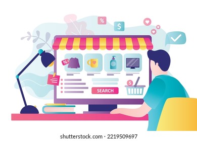 Male consumer sits at computer and looks at assortment of online store. Online shopping process. E-commerce, remote purchase technologies. Monitor with internet shop application. Vector illustration