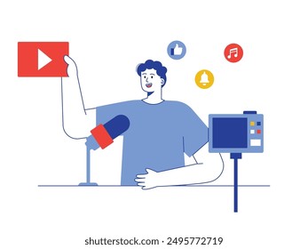 Male content creator in blue t-shirt is recording with camera and microphone, sharing to social media. Character design. Vector flat illustration