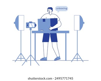 Male content creator carrying a box, recorded for unboxing with camera and lighting in a studio. Character design. Vector flat illustration