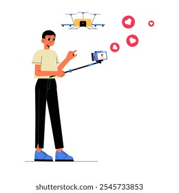 Male Content Creator Filming With Drone In Flat Vector Illustration Symbolizing Technology, Innovation, And Social Media Interaction, Isolated On White Background