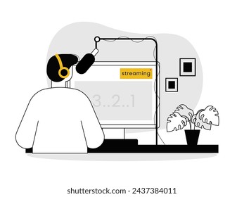 El creador de contenido masculino está transmitiendo en vivo en el espacio de trabajo, al estilo blanco y negro. Diseño de personajes. Ilustración plana del vector