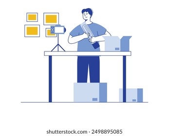 Male content creator making a video using a camera, unboxing a product. Character design. Vector flat illustration