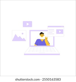 Male Content Creator On Laptop Screen In Flat Vector Illustration Symbolizing Online Content Creation, Video Production, And Social Media Presence, Isolated On White Background.