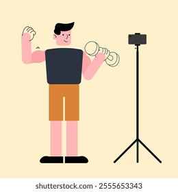 Male Content Creator Recording Exercise Tutorial with Dumbbell on Tripod