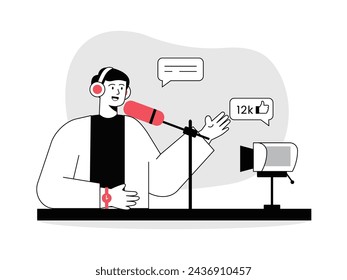 Male content creator shooting with a large audience, black and white style. Character design. Flat vector illustration