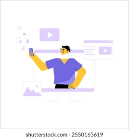 Male Content Creator Using Smartphone In Flat Vector Illustration Symbolizing Digital Media Creation, Social Engagement, And Online Interaction, Isolated On White Background