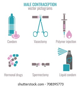 Male contraception methods icons. Vector illustration in medical colour isolated on a white background. Flat pictograms collection.