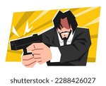 male contract killer smiling and holding handgun. adult male hitman shooting. wear a neat suit. flat vector illustration