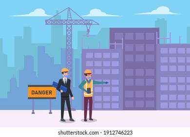 Male contractor and architect looking at the construction site building while wearing face mask