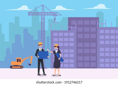 Male contractor and investor discussing at the construction site building while holding blueprint