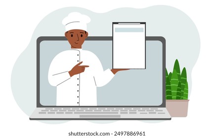 Male cook in a cap. Video, online ordering, menu. Vector flat illustration