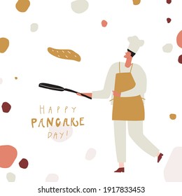 Cocina masculina con pan frito y panqueque. Feliz día del panqueque, texto escrito a mano. Plantilla de vectores para el afiche de impresión de pegatinas de postales