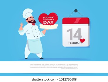 Male Cook Holding Cake For Happy Valentines Day Celebration 14 February Love Holiday Concept Flat Vector Illustration