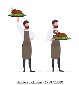 Male cook holds a fried turkey in his hand. The guy in the kitchen apron is holding fried chicken. Isolated. Vector.