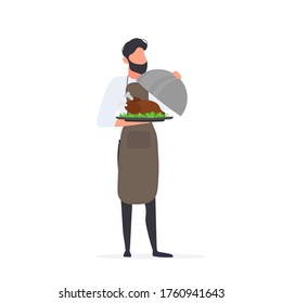 Male cook holds a fried turkey in his hand. The guy in the kitchen apron is holding fried chicken. Isolated. Vector.