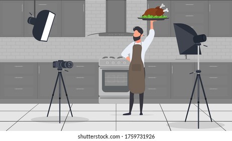 A male cook in the kitchen has a culinary blog. The guy in the kitchen apron is holding fried chicken. Vector.