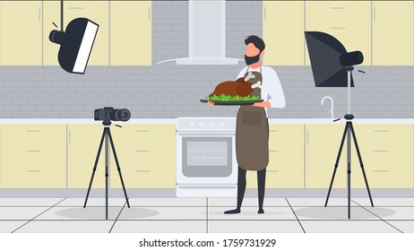 A male cook in the kitchen has a culinary blog. The guy in the kitchen apron is holding fried chicken. Vector.
