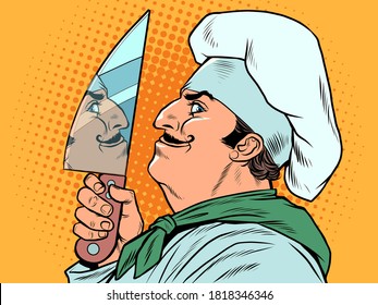 A Male Cook With A Kitchen Knife. Pop Art Retro Vector Illustration Kitsch Vintage Drawing 50s 60s Style