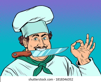 A Male Cook With A Kitchen Knife. Pop Art Retro Vector Illustration Kitsch Vintage Drawing 50s 60s Style