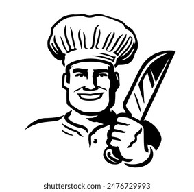 Male cook with knife logo. Happy chef in hat, emblem. Hand drawn illustration for menu restaurant or butcher shop