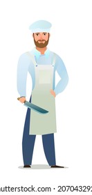 Male cook in overalls. Guy from kitchen in an apron. Cheerful person. Standing pose. Cartoon comic style flat design. Single character. Illustration isolated on white background. Vector
