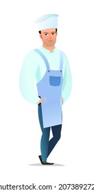 Male cook in overalls. Guy from kitchen in an apron. Cheerful person. Standing pose. Cartoon comic style flat design. Single character. Illustration isolated on white background. Vector.