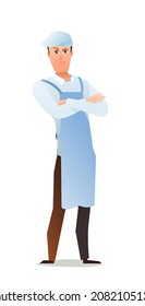 Male cook in overalls. Guy from kitchen in an apron. Cheerful person. Standing pose. Cartoon comic style flat design. Single character. Illustration isolated on white background. Vector.