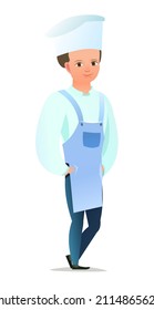 Male cook in overalls. Little boy from kitchen in an apron. Cheerful person. Standing pose. Cartoon comic style flat design. Single character. Illustration isolated on white background. Vector