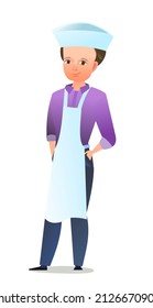 Male cook in overalls. Little boy from kitchen in an apron. Cheerful person. Standing pose. Cartoon comic style flat design. Single character. Illustration isolated on white background. Vector