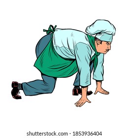 the male cook at the start prepared to run. Cooking food. Pop art retro illustration kitsch vintage 50s 60s style