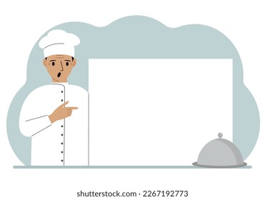 A male cook in uniform and a cap holds a large sheet of paper. Concept for menu, recipe book, blank cookbook or records. Vector flat illustration