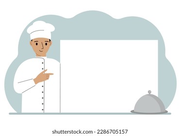 A male cook in uniform and a cap holds a large sheet of paper. Concept for menu, recipe book, blank cookbook or records. Vector flat illustration