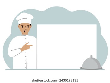 A male cook in uniform and a cap holds a large sheet of paper. Concept for menu, recipe book, blank cookbook or records.