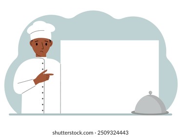 A male cook in uniform and a cap holds a large sheet of paper. Concept for menu, recipe book, blank cookbook or records. Vector flat illustration