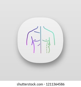 Male coolsculpting app icon. UI/UX user interface. Flanks correction. Male liposuction and body contouring before and after. Plastic surgery. Web or mobile application. Vector isolated illustration