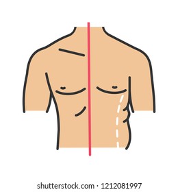 Male coolsculpting color icon. Flanks correction. Male liposuction and body contouring before and after. Plastic surgery. Isolated vector illustration