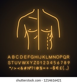 Male coolsculpting neon light icon. Flanks correction. Male liposuction and body contouring before and after. Plastic surgery. Glowing sign with alphabet, numbers. Vector isolated illustration