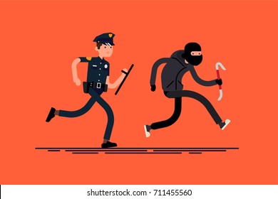 Male Cop Pursuing Burglar. Criminal With Crowbar Running Away From Policeman. Cool Vector Flat Character Design On Police Officer Chasing Thief