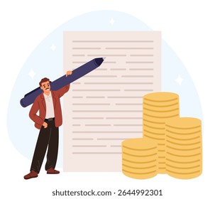 Copywriter masculino ganha dinheiro escrevendo texto. Roteiro ou blogue. Pilha de moedas de ouro. Documento de publicação. Jornalista com lápis grande. Copywriting conteúdo para pagamento