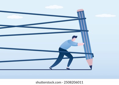 Male copywriter overcoming obstacles. Pencil entangled in ropes. Strong businessman push pencil trying to walk away with full effort. Business difficulty or struggle, career way to success. vector