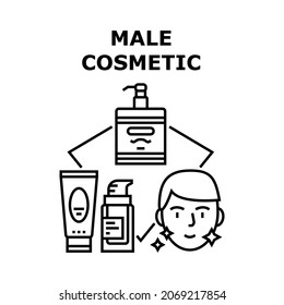 Male Cosmetic Vector Icon Concept. Male Cosmetic For Moisturizing And Care Man Facial And Body Skin, Soap And Shampoo Packaging. Skincare Lotion, Cream And Cream Bottle And Tube Black Illustration