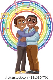 Male couple cartoon character with rainbow pride at the background illustration