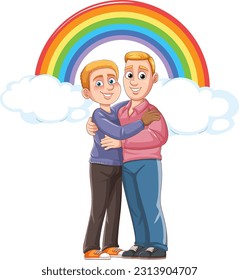 Male couple cartoon character with rainbow pride at the background illustration