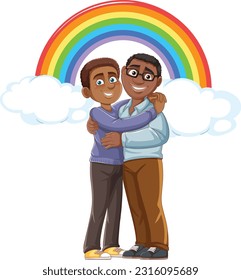 Male couple cartoon character with rainbow pride at the background illustration