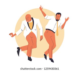Male couple dancing swing or lindy hop. Vector illustration.
