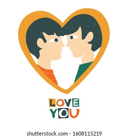 Male couple in a heart-shaped frame. Male love. Lgbt couple. Gay couple. Can be used for poster, greeting card, valentine's day decoration, invitation. Vector hand drawn illustration