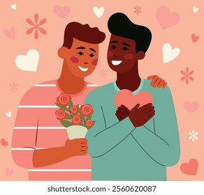 Male couple holding flowers and a heart, celebrating love day with pink background decorated with hearts and flowers, Valentine's Day