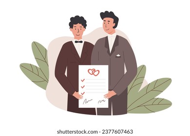 A male couple holding signed marriage contract. Happy married gay men with prenup document. Newlywed husbands with prenuptial agreement and marriage certificate. Romantic marriage of love partners.