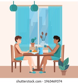 Сute male couple is sitting in the kitchen and drinking coffee.  Multiethnic characters. Love relationship and lgbt romantic date concept.Vector illustration of LGBT relations in a cartoon flat style.